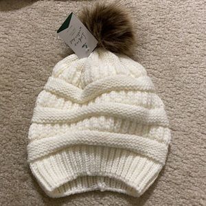 White fuzzy ball hat- knitted